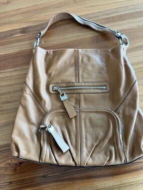b. makowsky Tan Leather Shoulder Hobo with Front Zip Pockets